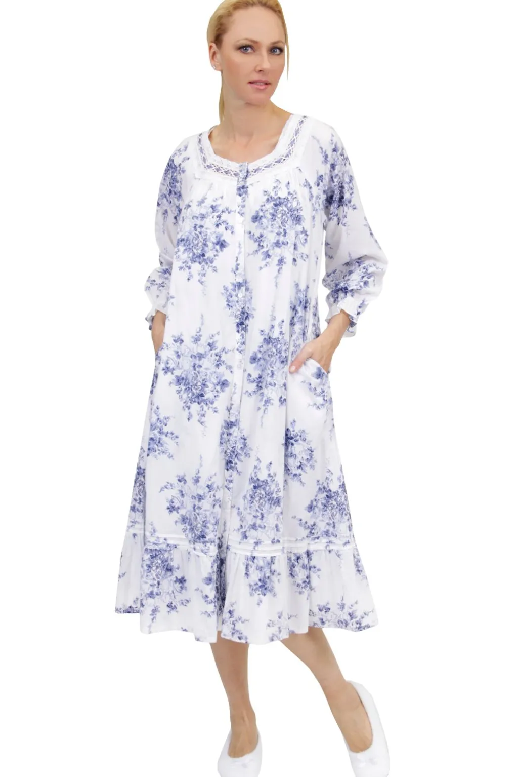 La Cera™ 100% Cotton Lace Trim Flounce Robe Gown- Blue And White Floral Print
