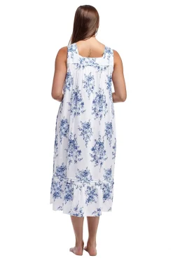 La Cera™ 100% Cotton Lace Trim Flounce Gown- Blue And White Floral Print