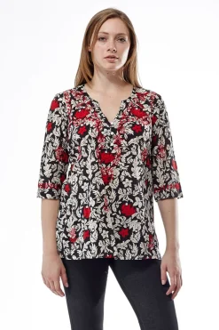 La Cera™ Black And Red Floral Top