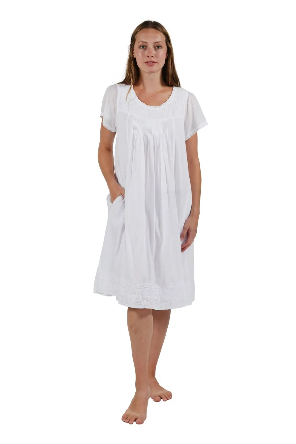 La Cera™ Cap Sleeve 100% Cotton White Embroidered Chemise