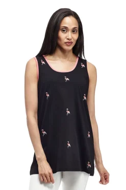 La Cera™ Cotton Knit Tank With Flamingo Embroidery