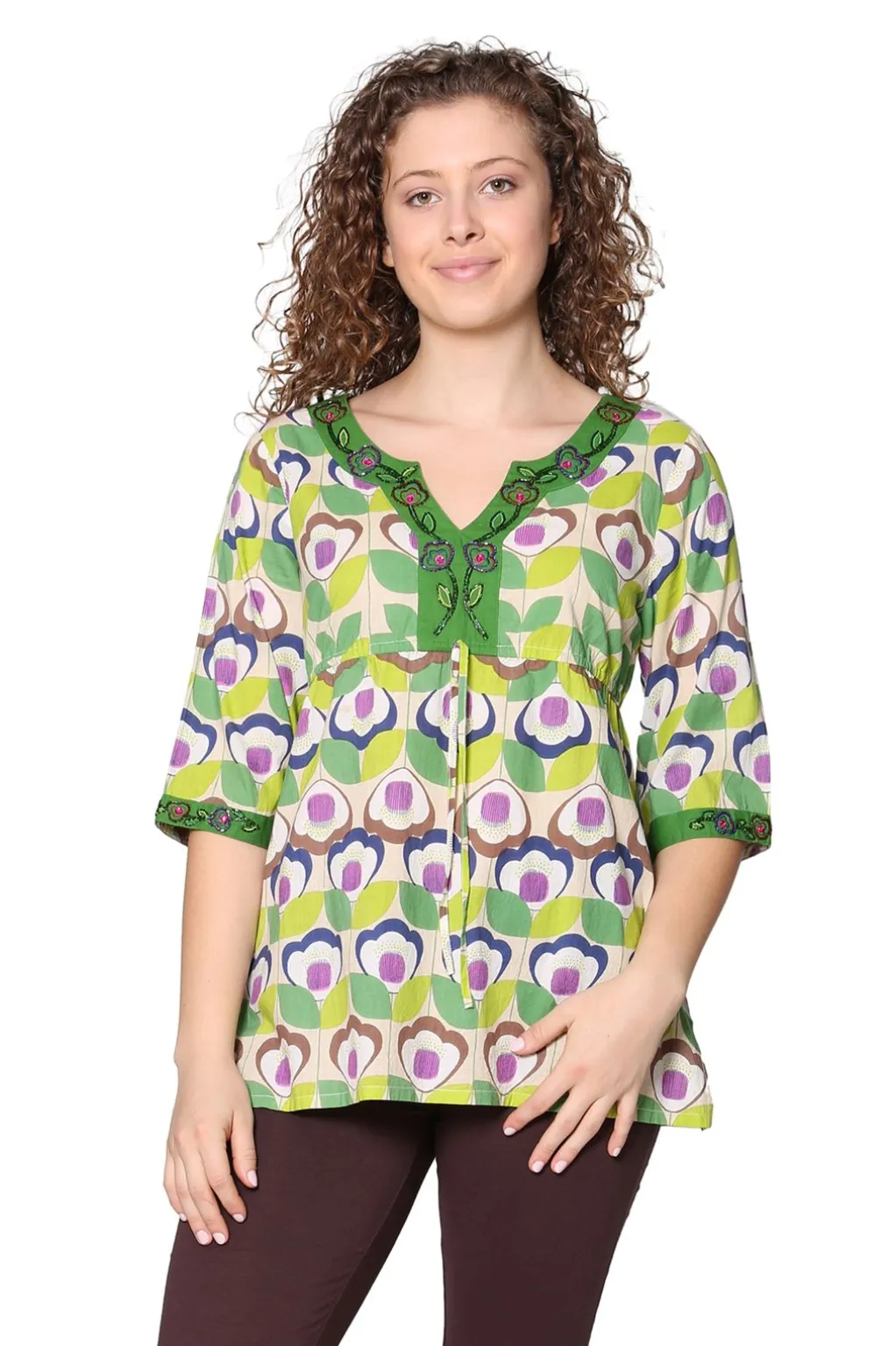 La Cera™ Green Floral Cotton Voile Embroidered Tunic
