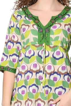La Cera™ Green Floral Cotton Voile Embroidered Tunic