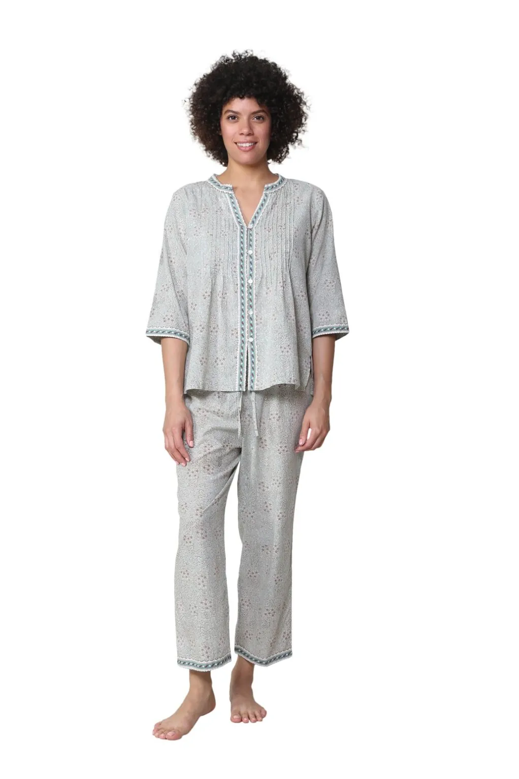 La Cera™ La Cera 3/4 Sleeve Pleat Front Capri Pajama Set
