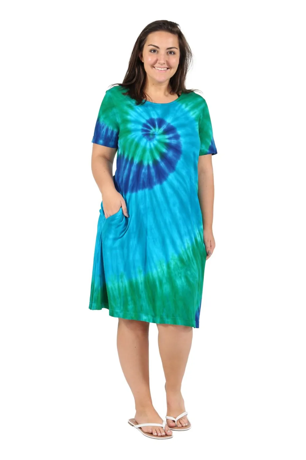 La Cera™ La Cera Cotton Knit Short Sleeve Turquoise Tie-Dye Dress
