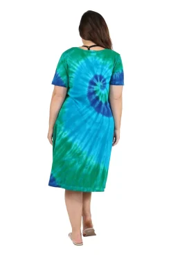 La Cera™ La Cera Cotton Knit Short Sleeve Turquoise Tie-Dye Dress