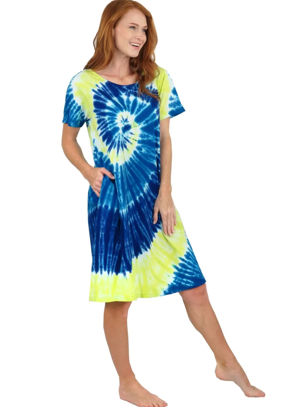La Cera™ La Cera Cotton Knit Short Sleeve Blue Yellow Tie-Dye Dress