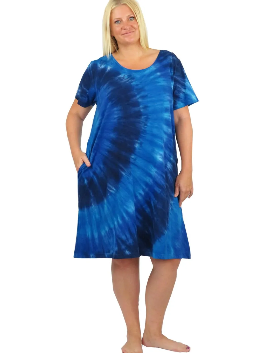 La Cera™ La Cera Cotton Knit Short Sleeve Denim Blue Tie-Dye Dress - Plus Size