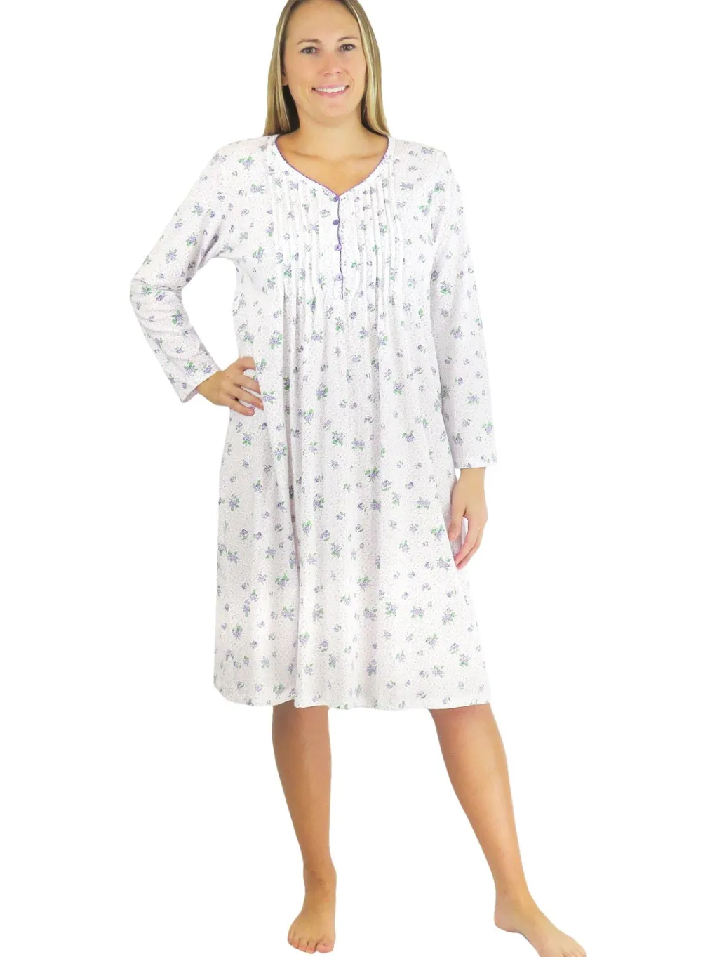 La Cera™ La Cera Lilac Floral Print Cotton Knit Gown