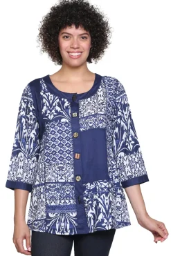 La Cera™ La Cera Navy Patchwork Top
