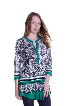 La Cera™ La Cera Pleat Front Printed Tunic Black And Green