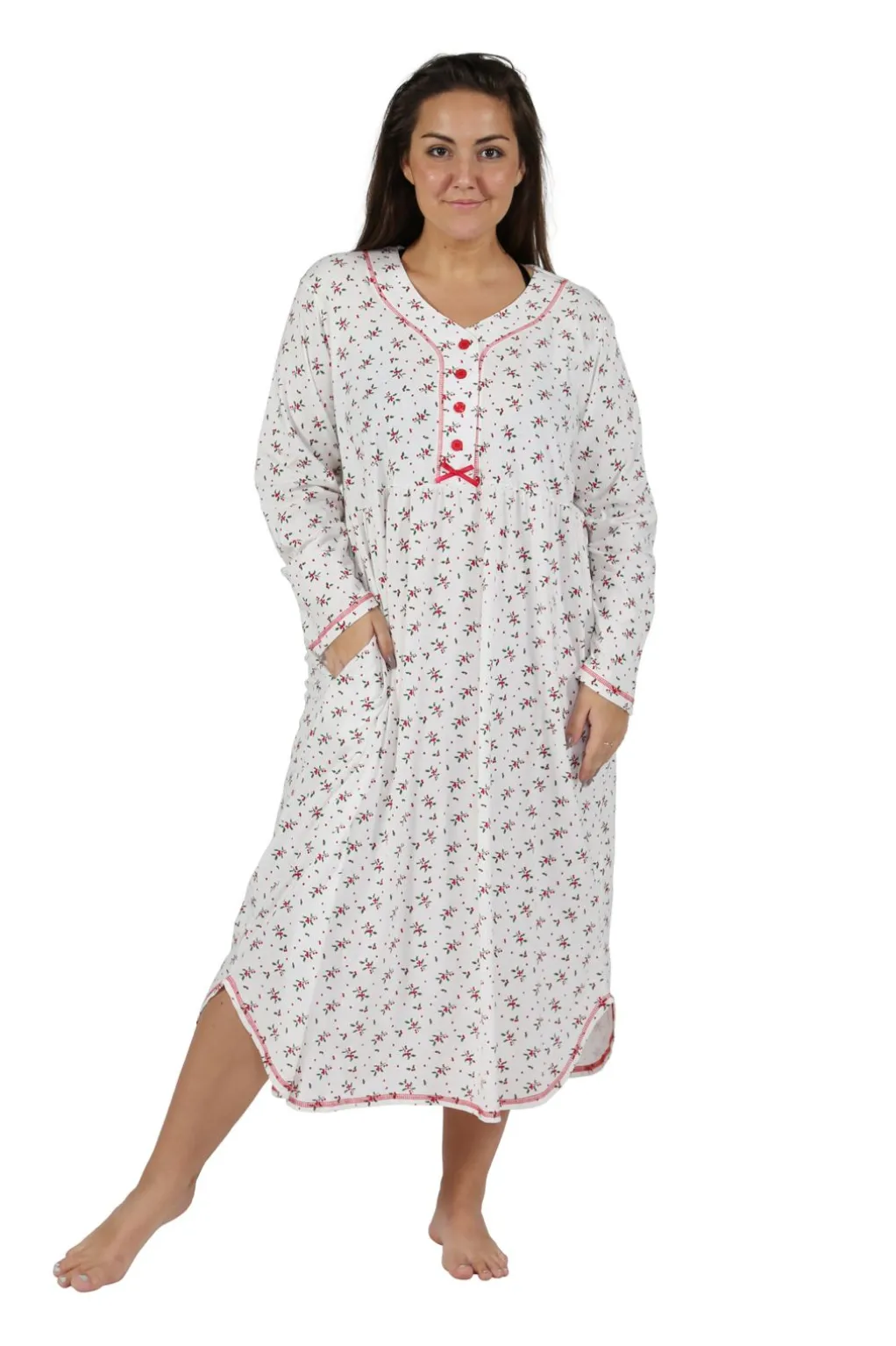 La Cera™ La Cera Plus Size 100% Cotton Knit Mistletoe Print Nightshirt