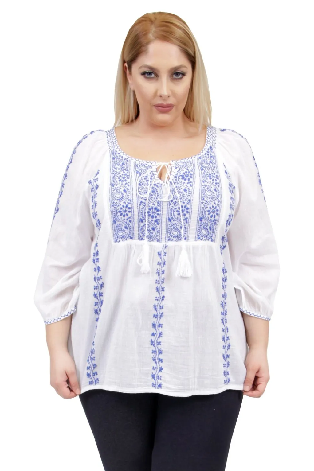 La Cera™ La Cera Plus Size 3/4 Sleeve Stripe Embroidered Peasant Top