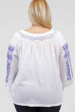 La Cera™ La Cera Plus Size 3/4 Sleeve Stripe Embroidered Peasant Top