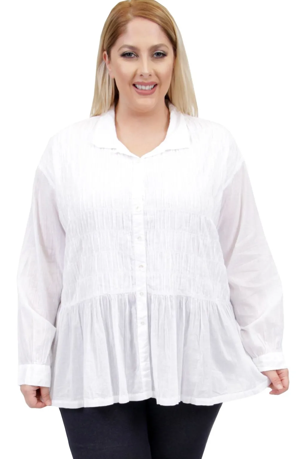 La Cera™ La Cera Plus Size Puckered Button-Up Top