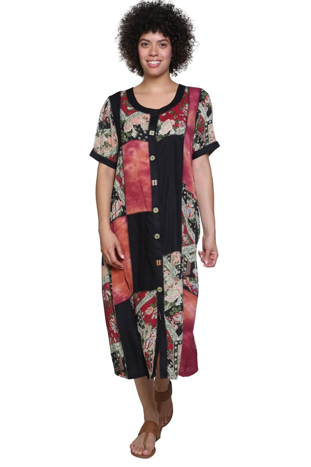 La Cera™ La Cera Rust Short-Sleeve Patchwork Dress