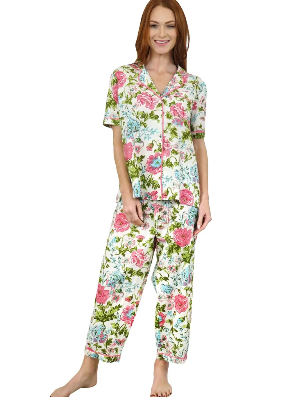 La Cera™ La Cera Short Sleeve English Garden Print Cotton Pajama Set