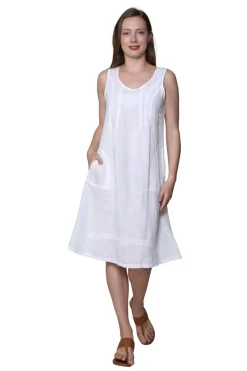 La Cera™ Linen Sleeveless Embroidered Dress
