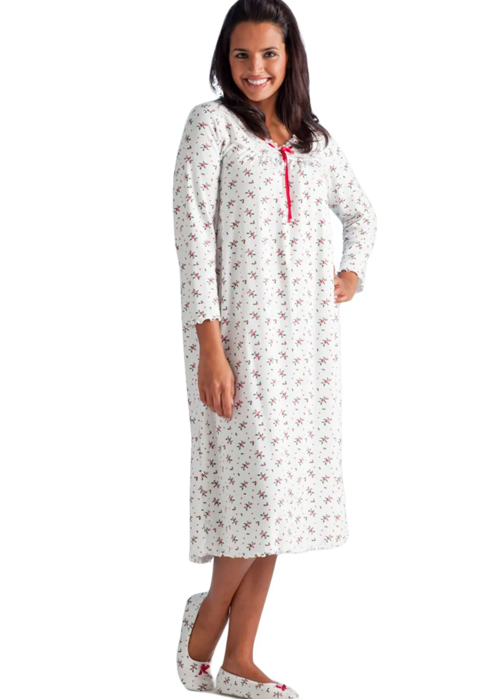 La Cera™ Long Sleeve Cotton Knit Mistletoe Nightgown