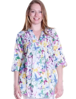 La Cera™ Pleat Front Butterfly Printed Cotton Top