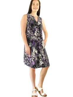 La Cera™ Pleat Front Sleeveless Purple Cheetah Print Dress