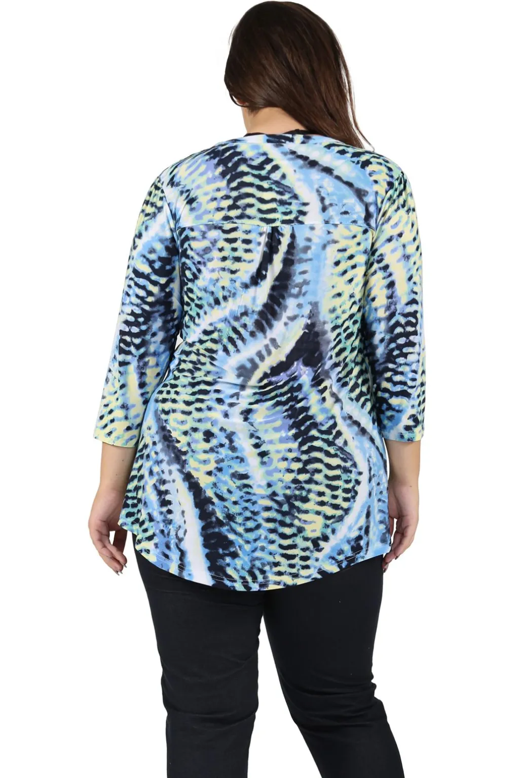 La Cera™ Plus Size La Cera Pleat Front Printed Tunic Blue Yellow