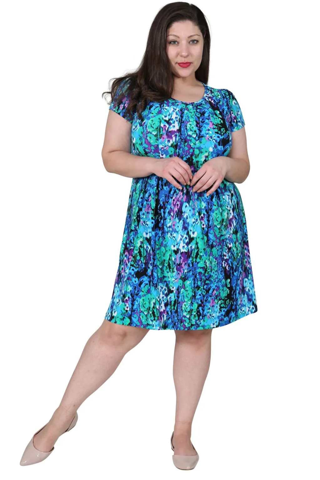 La Cera™ Plus Size La Cera Teal Multi Print Short Sleeve Dress