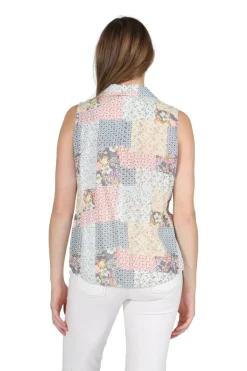 La Cera™ Printed Rayon Sleeveless Button Front Top