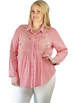 La Cera™ Seersucker Embroide Button Front Shirt - Plus Size