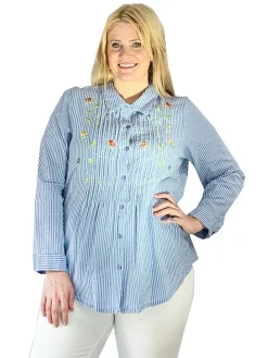 La Cera™ Seersucker Embroide Button Front Shirt - Plus Size