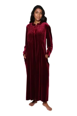 La Cera™ Smocked Velour Zip Front Robe