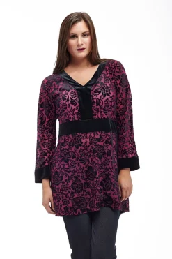La Cera™ Velour Burnout Jacquard Trimmed Tunic