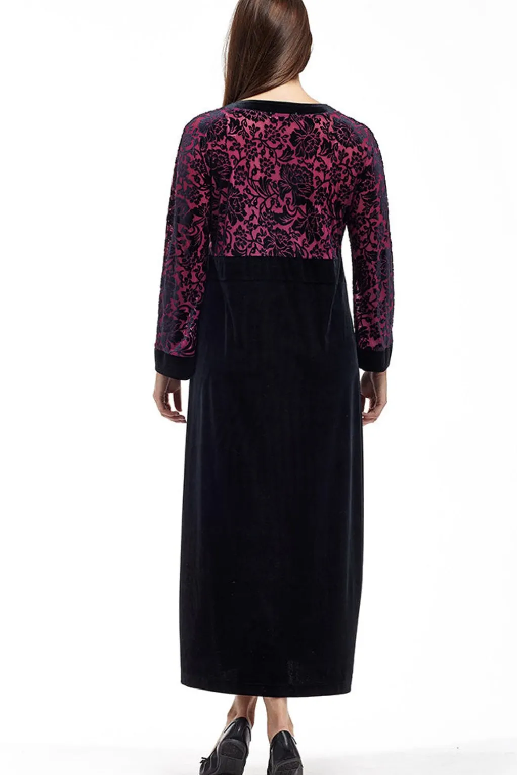 La Cera™ Velour Burnout Jacquard Trimmed Dress