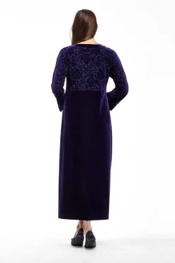La Cera™ Velour Burnout Jacquard Trimmed Dress