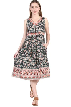 La Cera™ V-Neckline Empire Waist Border Print Dress