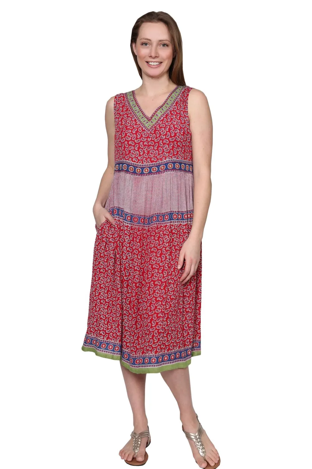 La Cera™ V-Neckline Empire Waist Border Print Dress